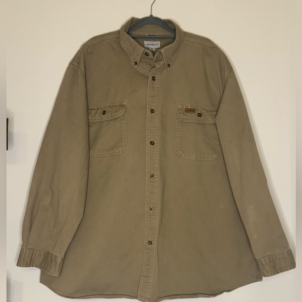 Carhartt Khaki Long Sleeve Button Up Work Short 2XL Vintage